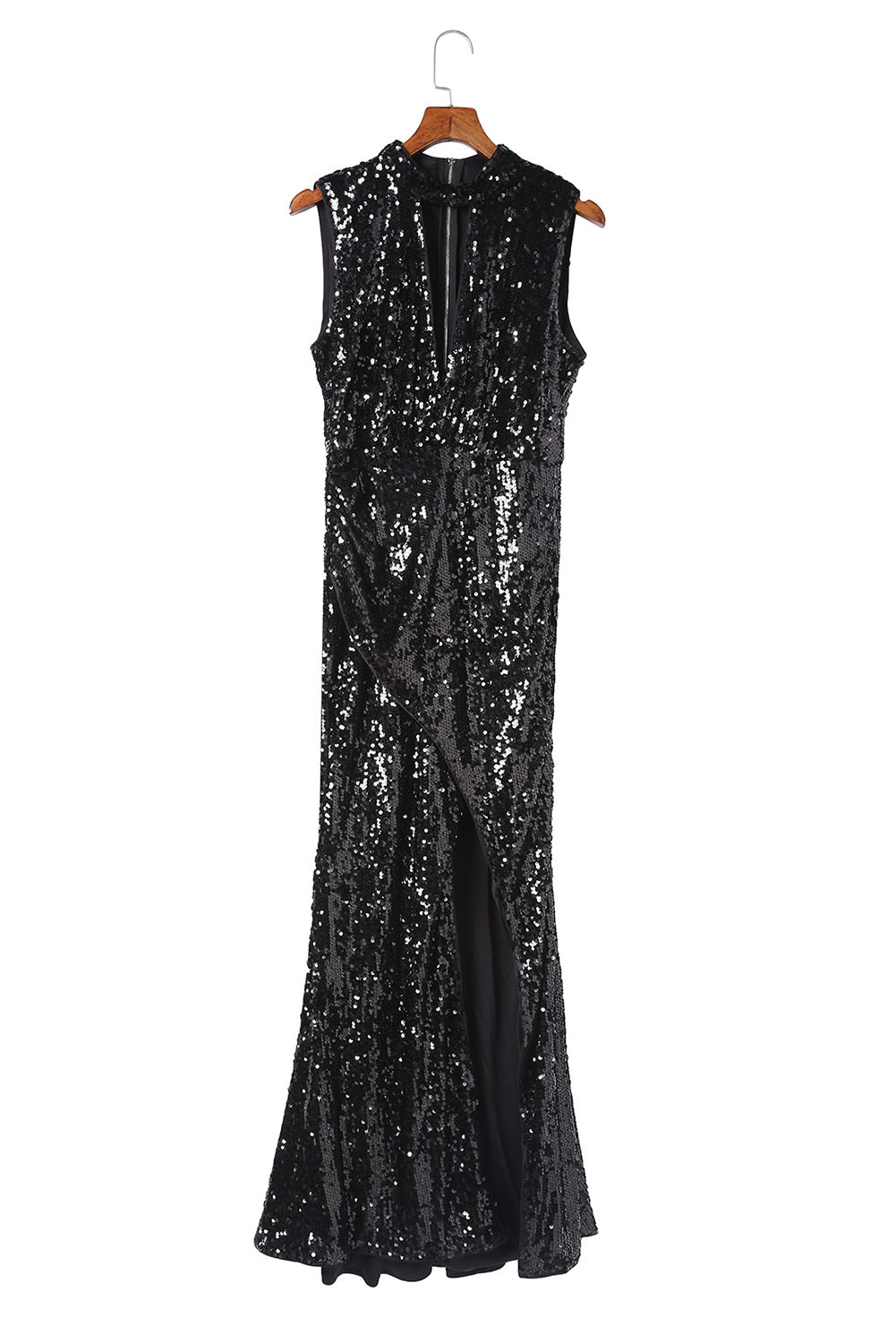 Black Slit High Neck Cutout Bust Sleeveless Sequin Gown