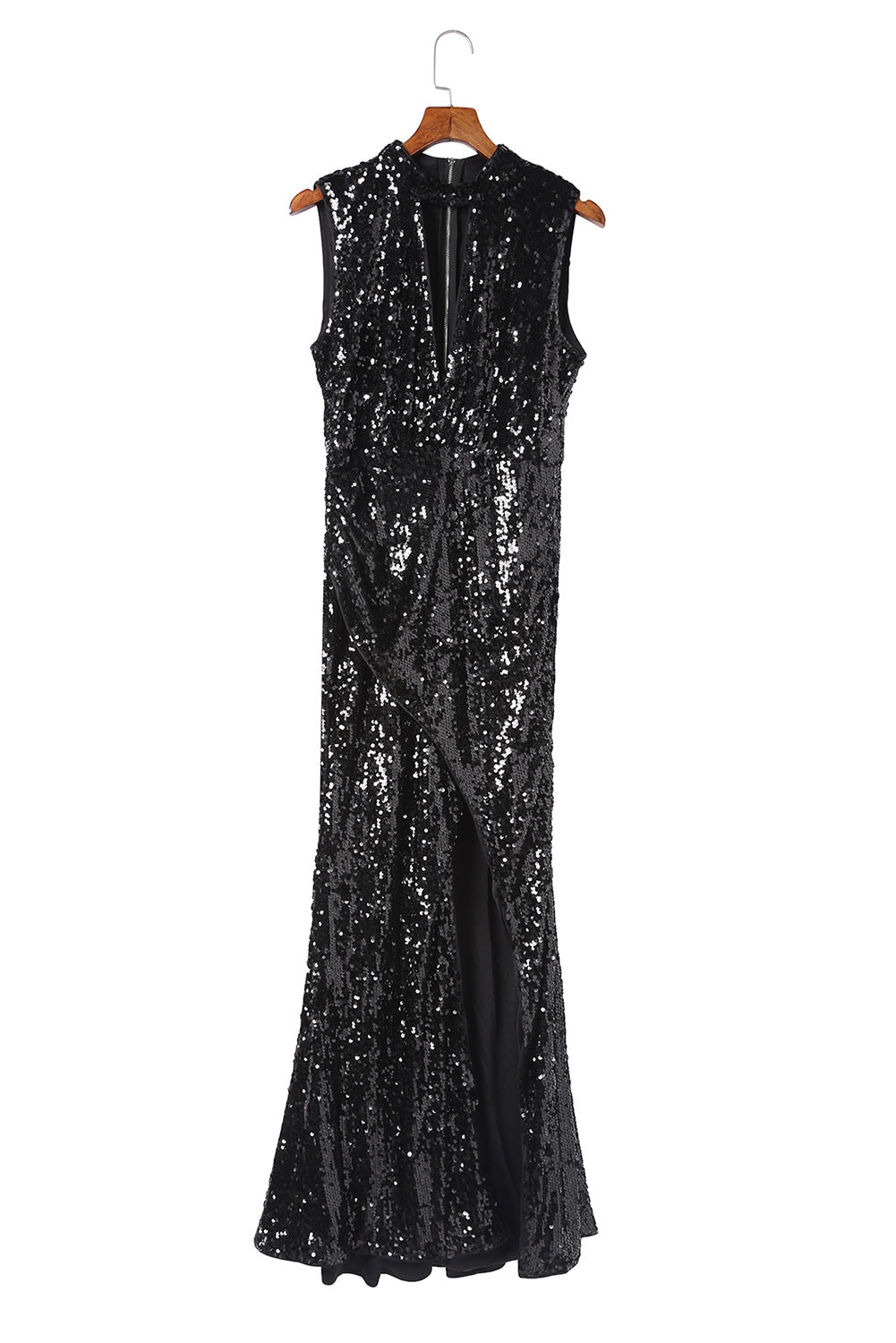 Black Slit High Neck Cutout Bust Sleeveless Sequin Gown - EBEPEX