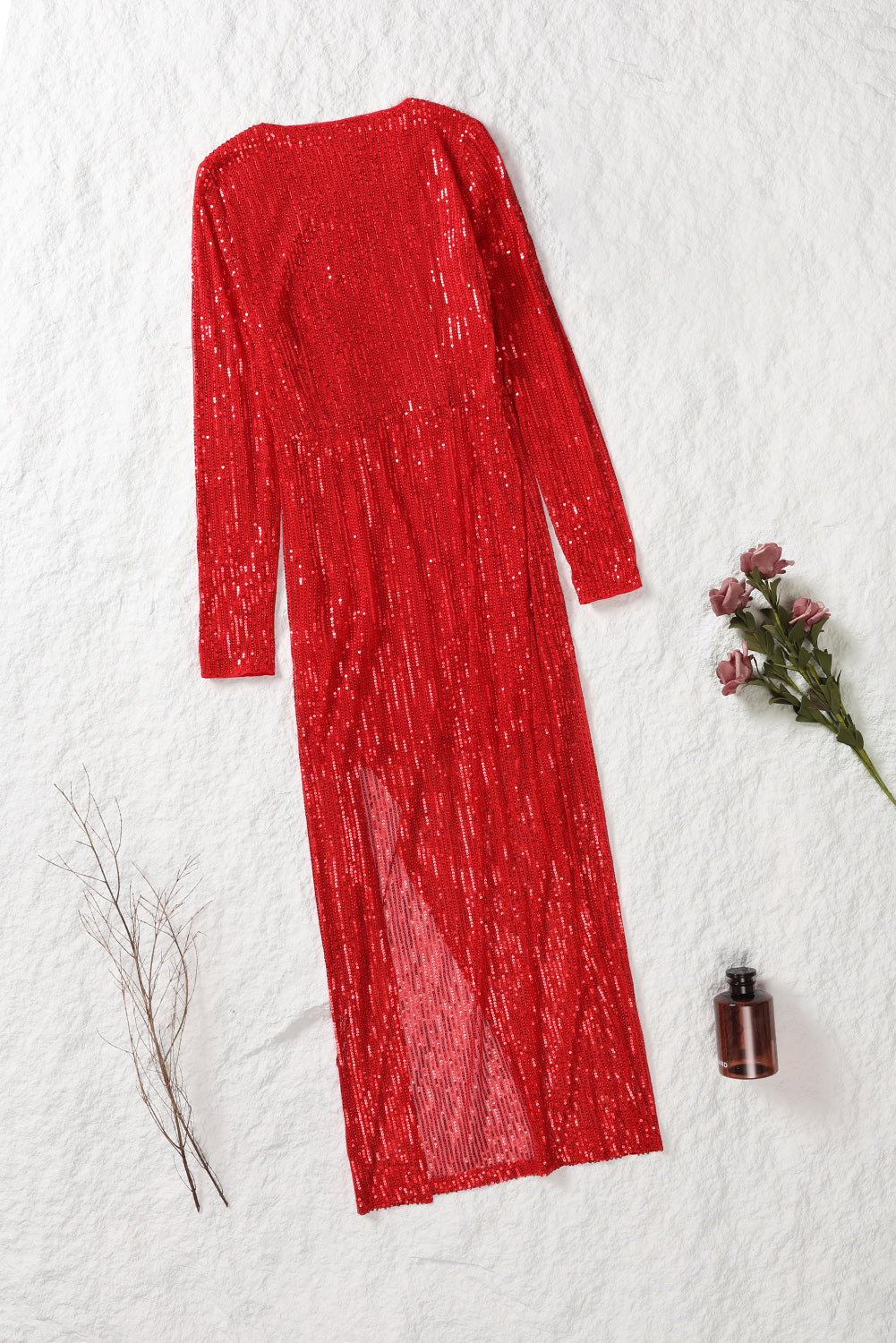 Red Sequined Georgette Wrapped Slit Dress - EBEPEX