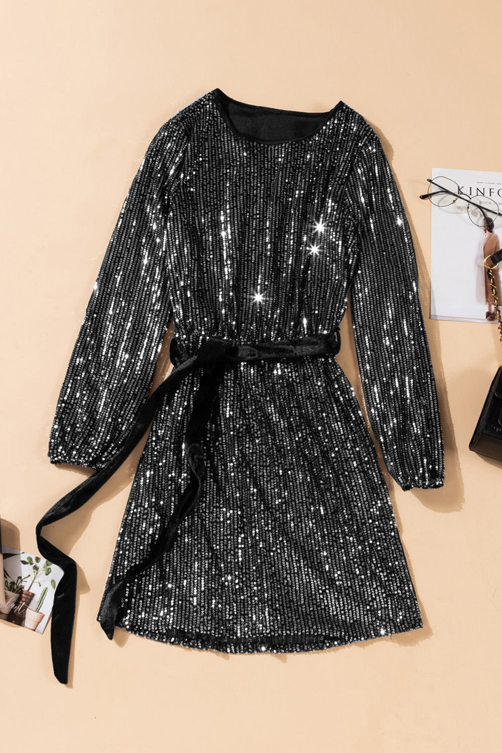 Silvery Loose Long Sleeve Sequin Dress with Sash - EBEPEX