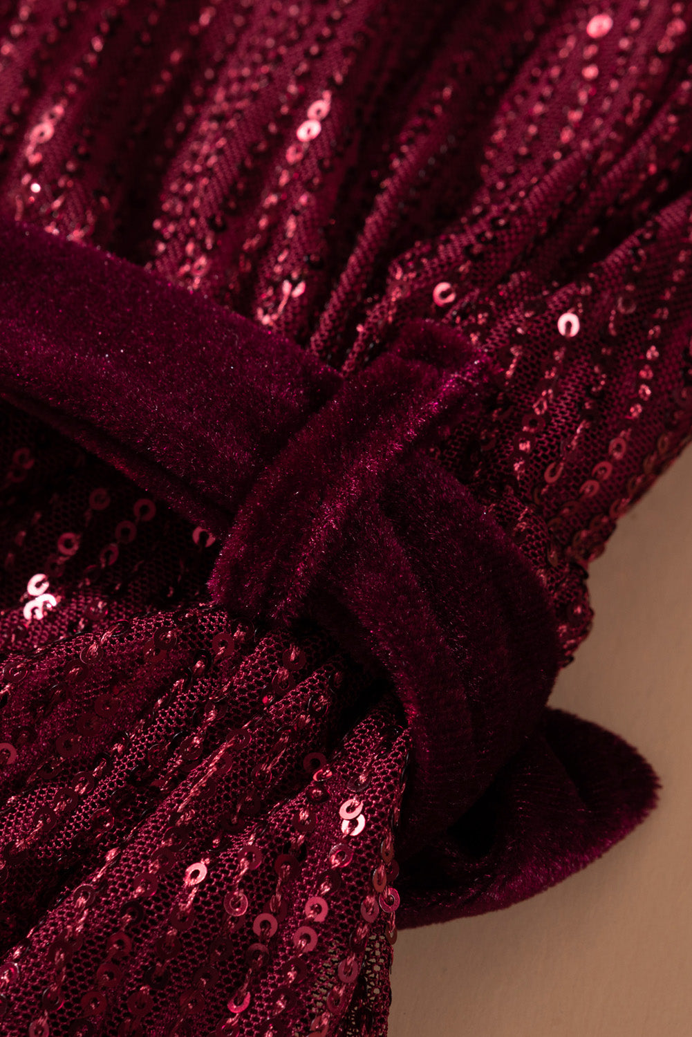 Wine Red Loose Long Sleeve Sequin Dress with Sash - EBEPEX