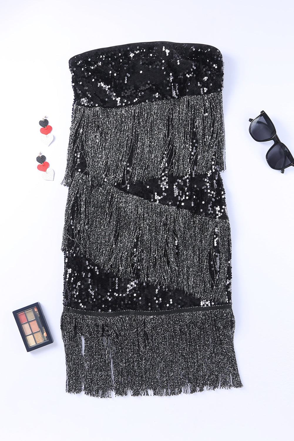 Black Strapless Fringe Skinny Sequin Dress - EBEPEX