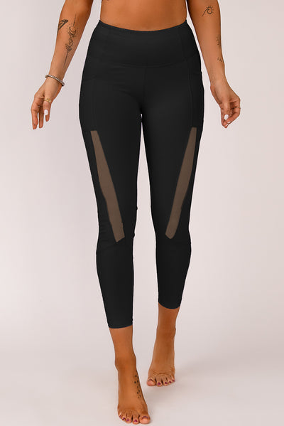 Black Mesh Side Splicing High Waist Yoga Sports Leggings with Phone Pocket