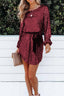 Wine Red Loose Long Sleeve Sequin Dress with Sash