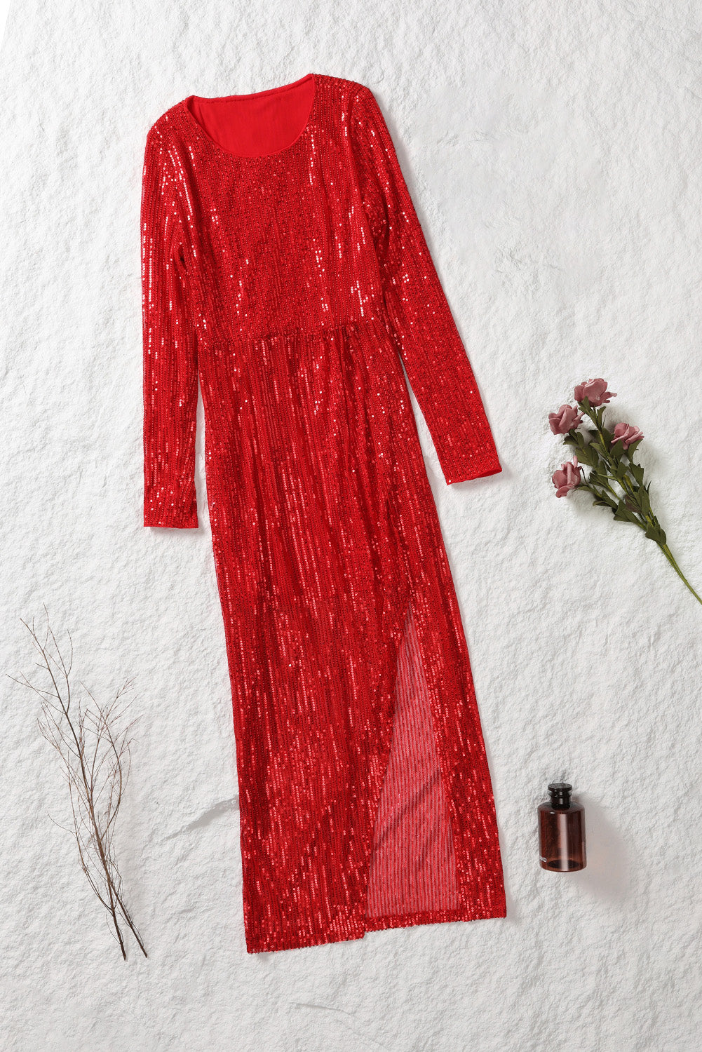 Red Sequined Georgette Wrapped Slit Dress - EBEPEX