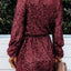 Wine Red Loose Long Sleeve Sequin Dress with Sash - EBEPEX