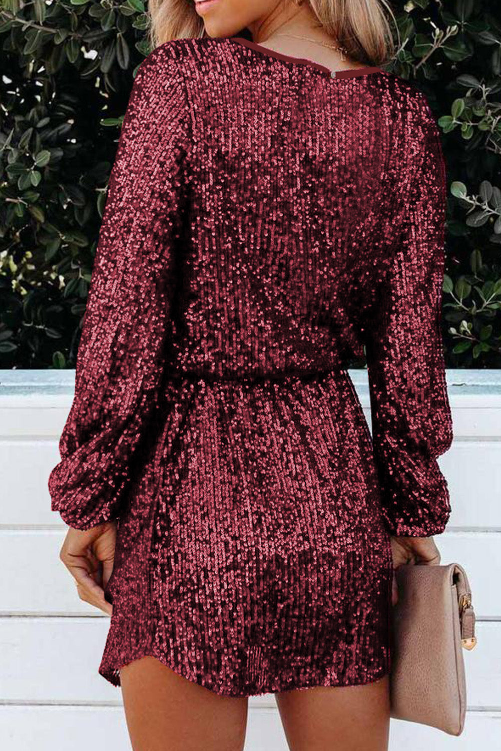 Wine Red Loose Long Sleeve Sequin Dress with Sash - EBEPEX